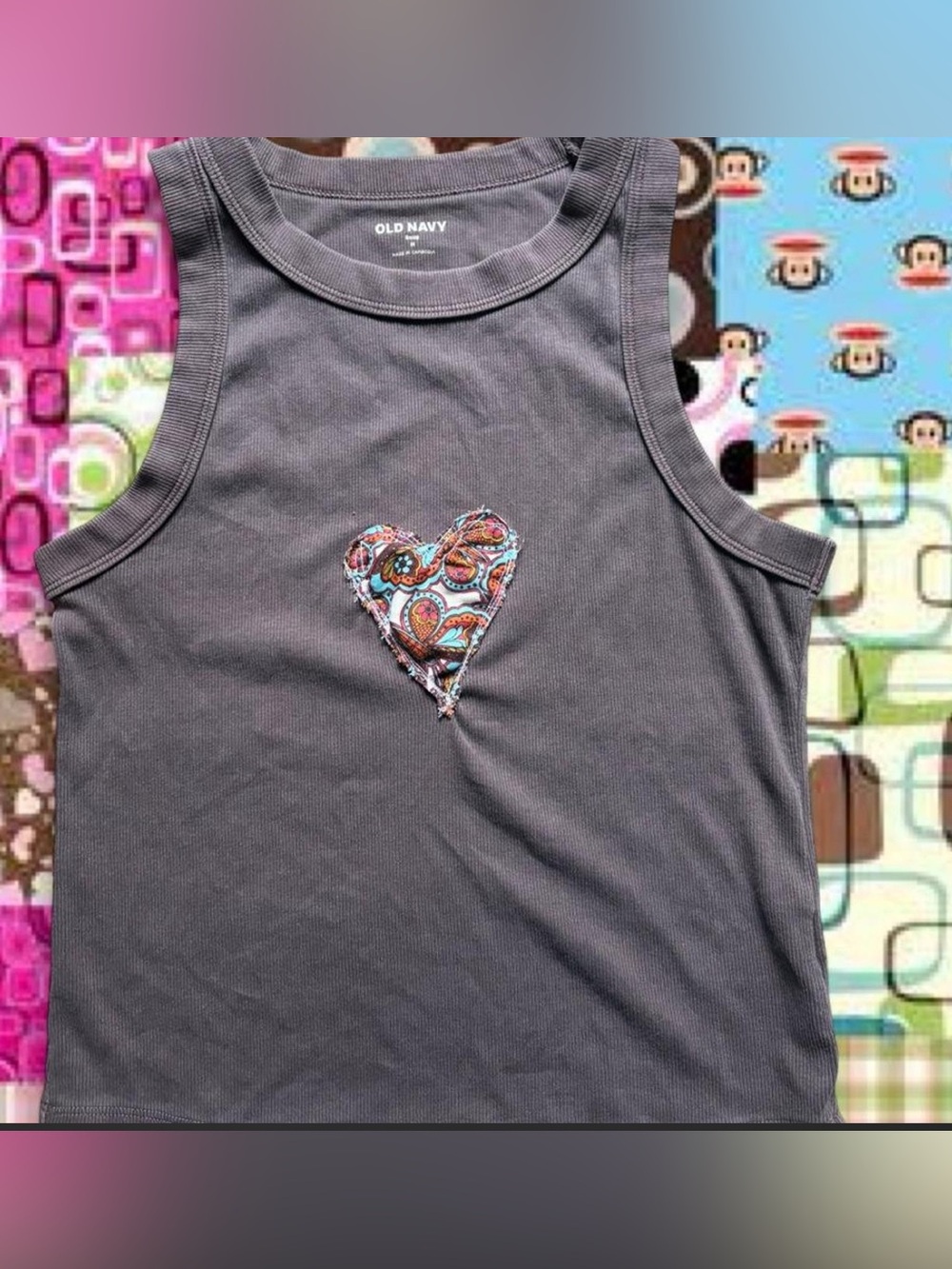 Old Navy Custom Patchwork Sewn Paisley Heart Patch Ribbed Tank Top 🦋
